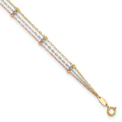 10K Tri Color Tri-Color 3-Strand Diamond-Cut Beaded 9In Plus 1In Ext Anklet