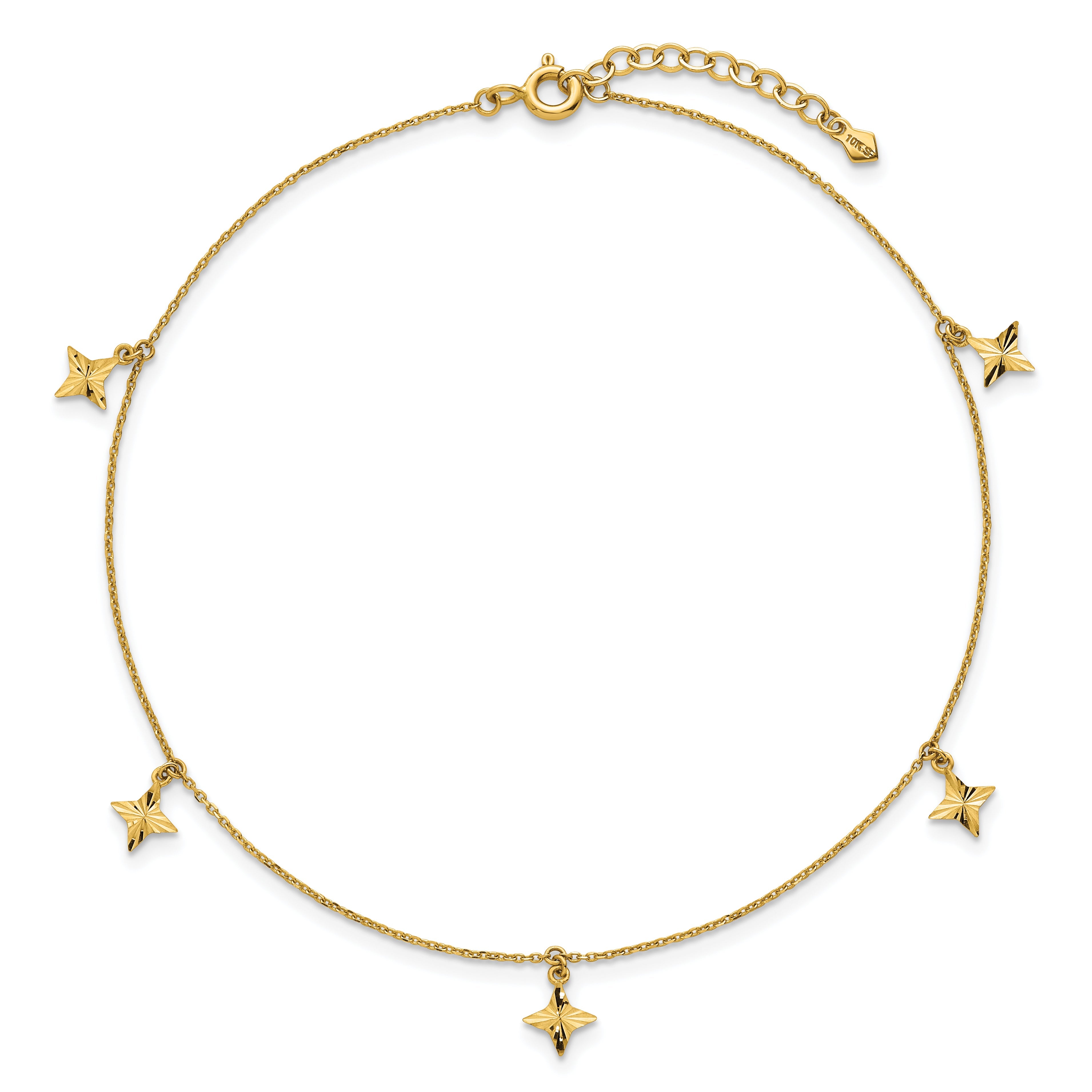 10K Yellow Gold Polished Diamond-Cut Stars 5-Station 9 Inch With 1 Extension Anklet