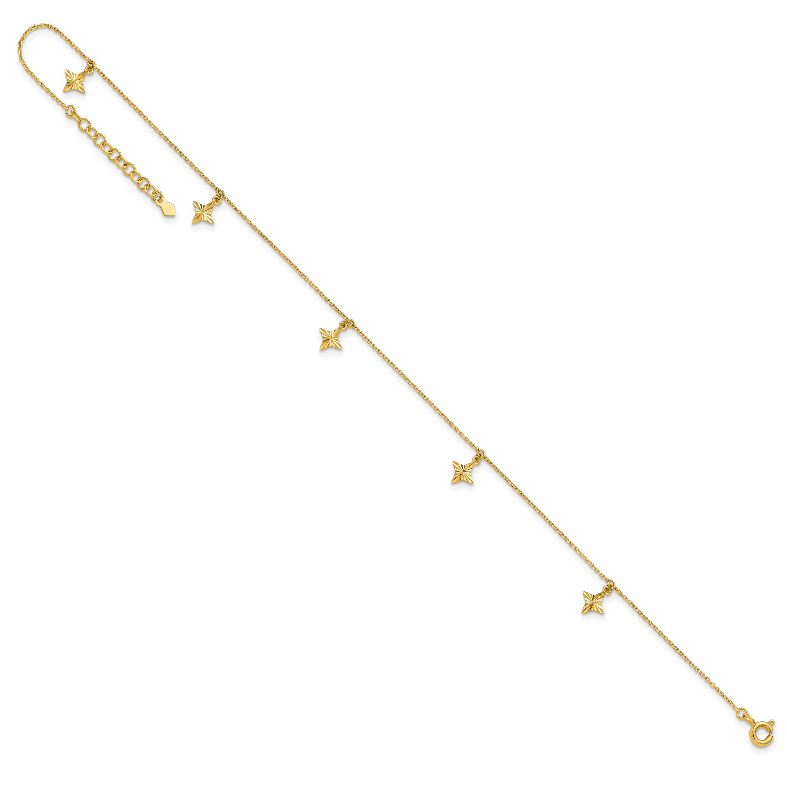 10K Yellow Gold Polished Diamond-Cut Stars 5-Station 9 Inch With 1 Extension Anklet