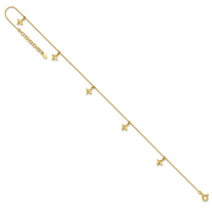 10K Yellow Gold Polished Diamond-Cut Stars 5-Station 9 Inch With 1 Extension Anklet