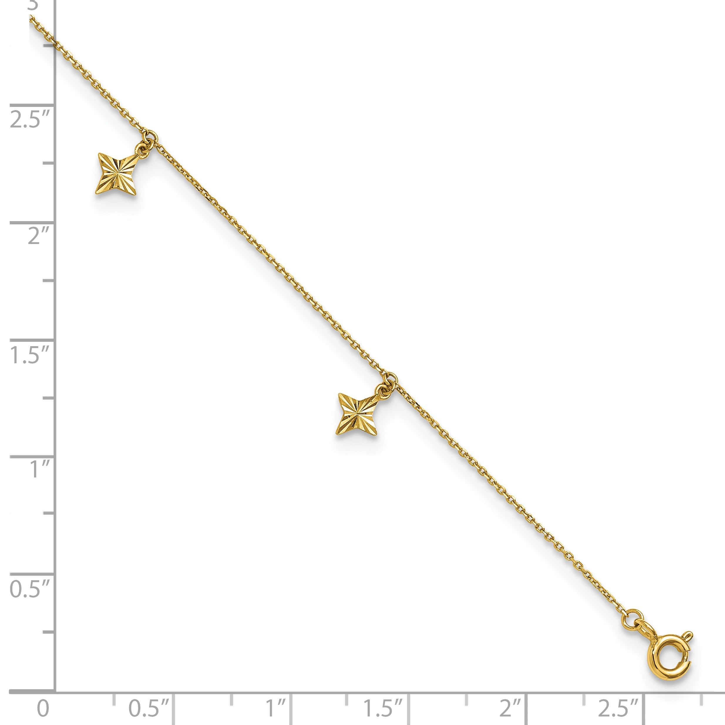 10K Yellow Gold Polished Diamond-Cut Stars 5-Station 9 Inch With 1 Extension Anklet