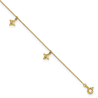 10K Yellow Gold Polished Diamond-Cut Stars 5-Station 9 Inch With 1 Extension Anklet
