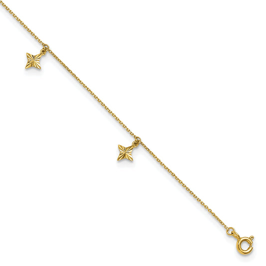 10K Yellow Gold Polished Diamond-Cut Stars 5-Station 9 Inch With 1 Extension Anklet