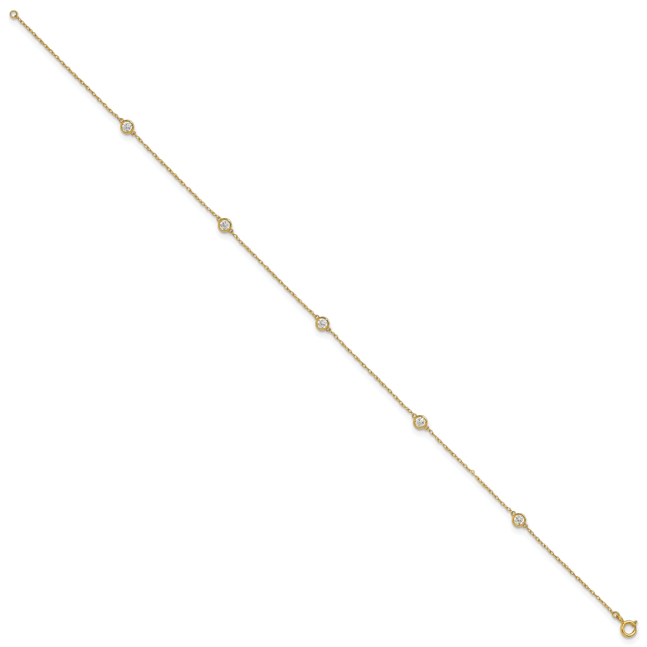 10K Yellow Gold Polished Bezel-Set Cz 5-Station 10 Inch Anklet