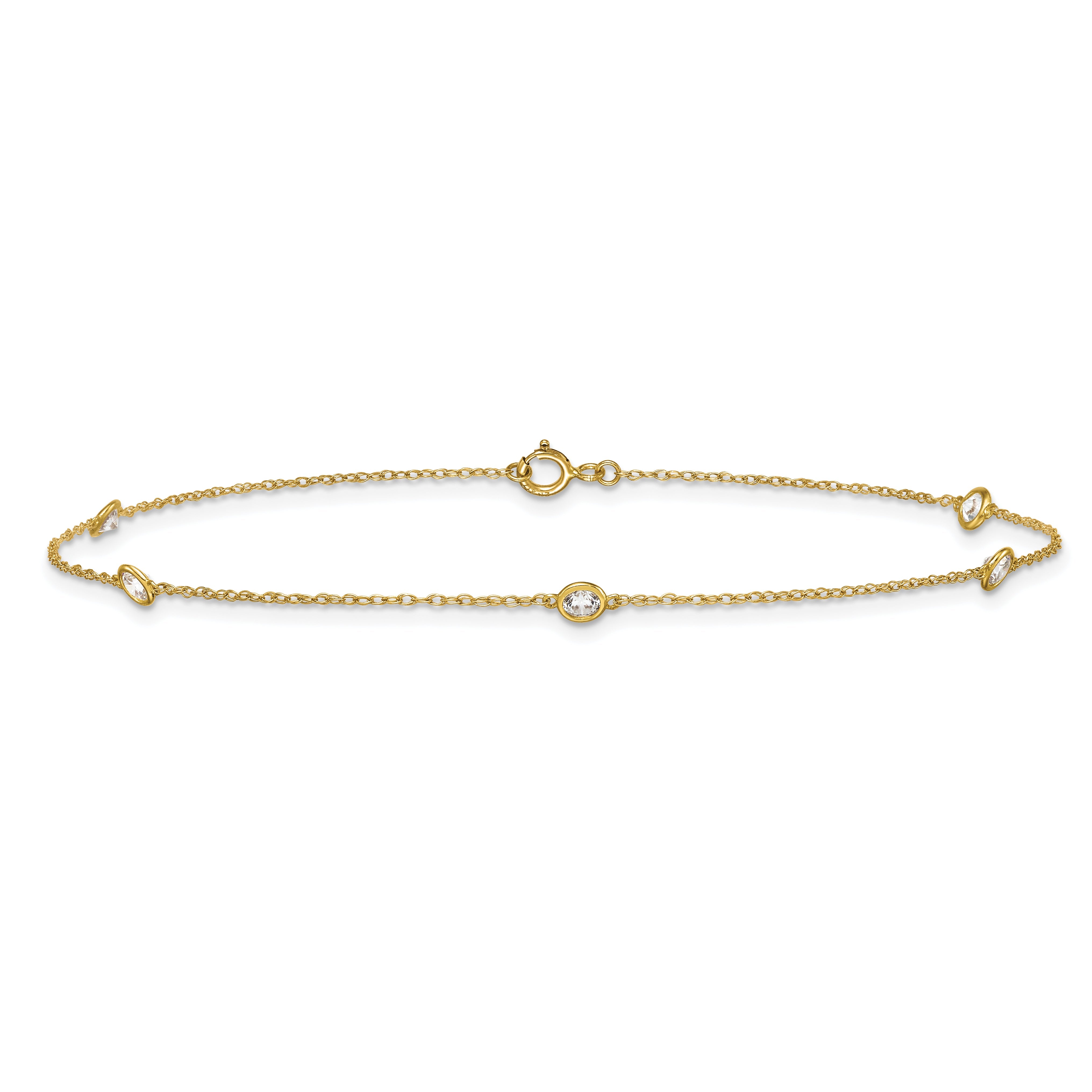 10K Yellow Gold Polished Bezel-Set Cz 5-Station 10 Inch Anklet