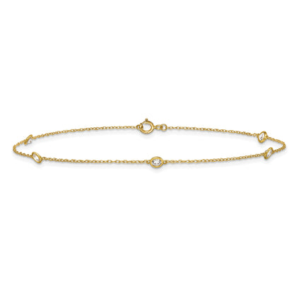 10K Yellow Gold Polished Bezel-Set Cz 5-Station 10 Inch Anklet