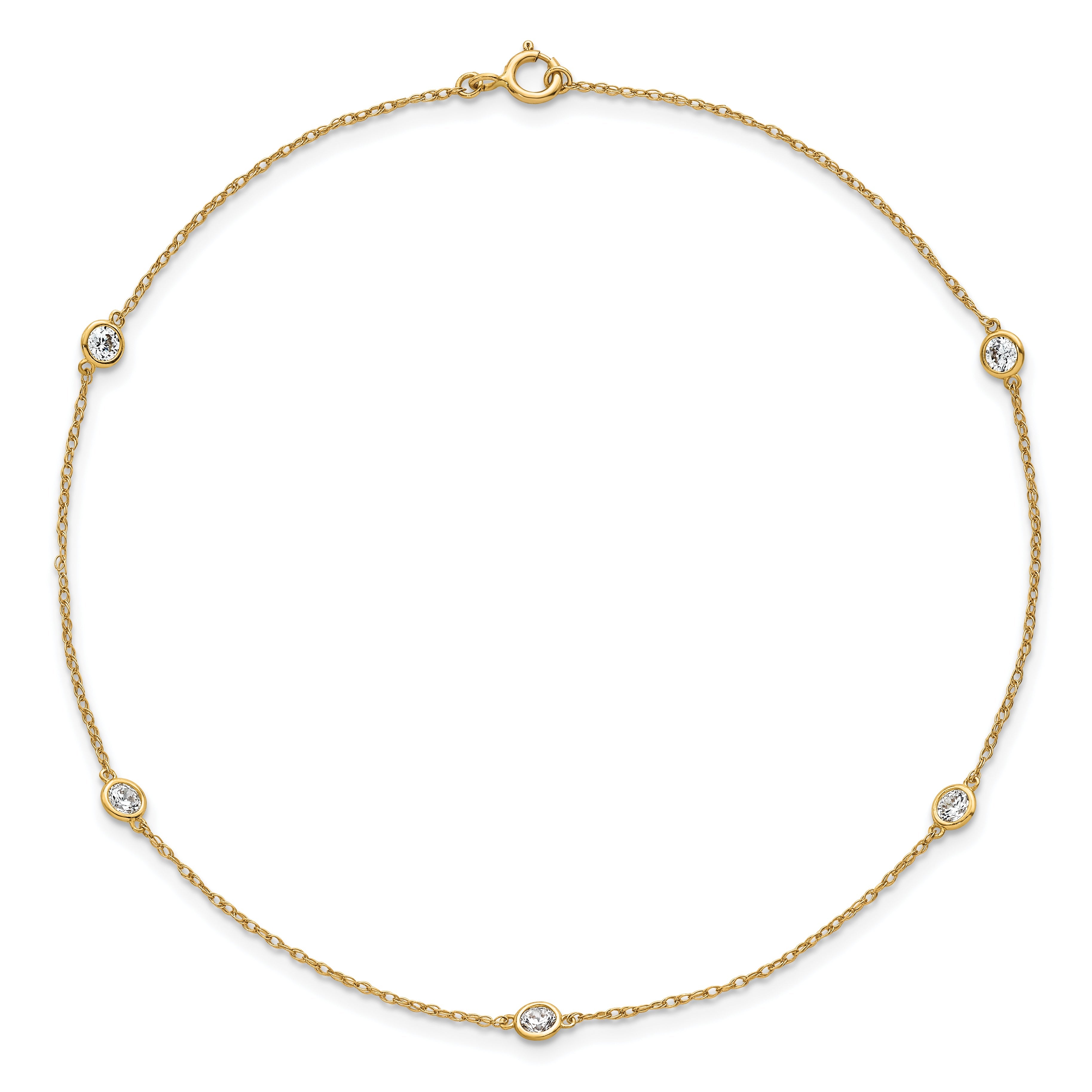 10K Yellow Gold Polished Bezel-Set Cz 5-Station 10 Inch Anklet