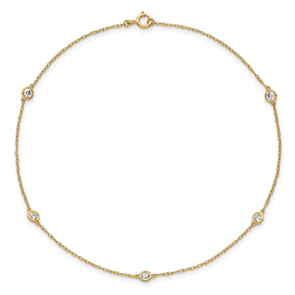 10K Yellow Gold Polished Bezel-Set Cz 5-Station 10 Inch Anklet