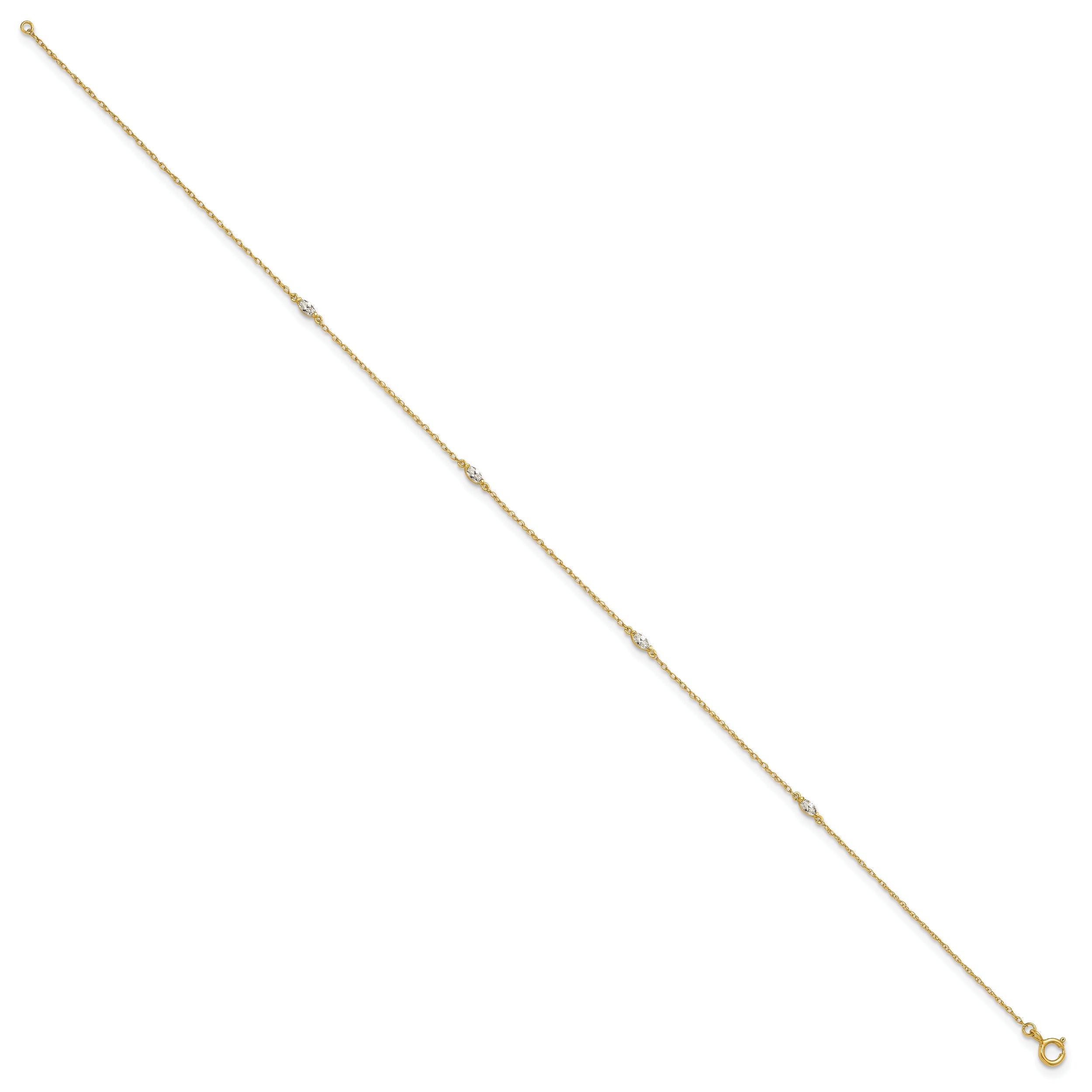 10K Yellow Gold Polished Marquise Cz 4-Station 10 Inch Anklet