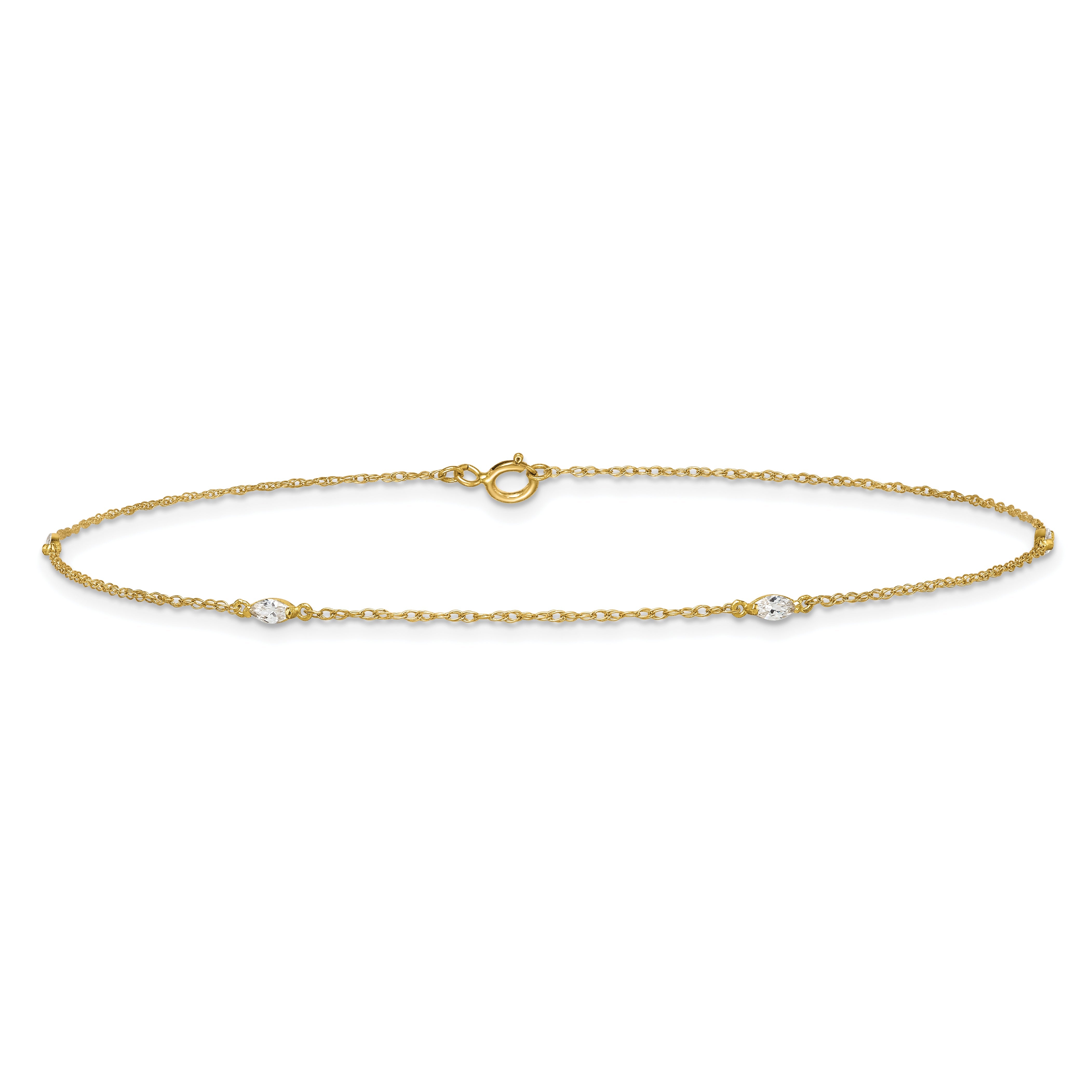 10K Yellow Gold Polished Marquise Cz 4-Station 10 Inch Anklet