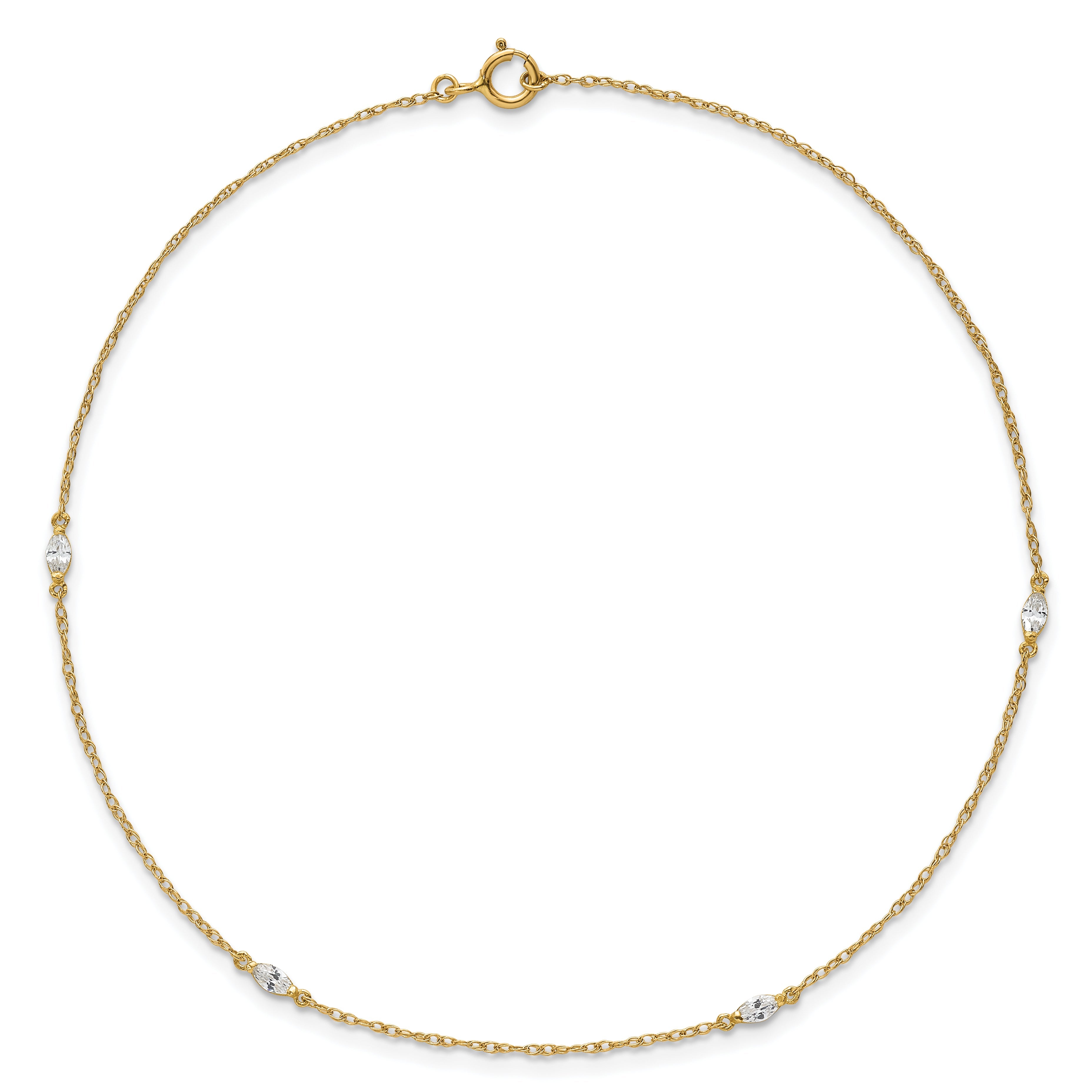 10K Yellow Gold Polished Marquise Cz 4-Station 10 Inch Anklet