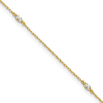 10K Yellow Gold Polished Marquise Cz 4-Station 10 Inch Anklet