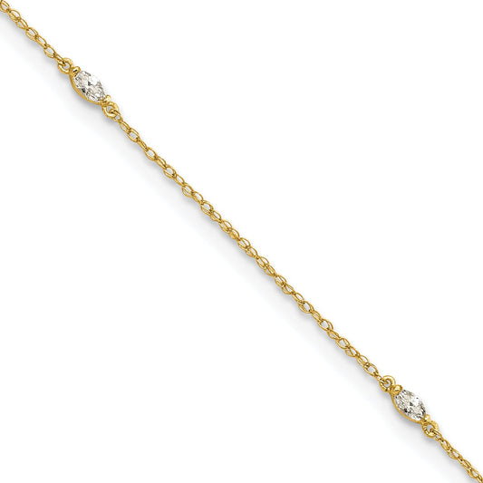 10K Yellow Gold Polished Marquise Cz 4-Station 10 Inch Anklet