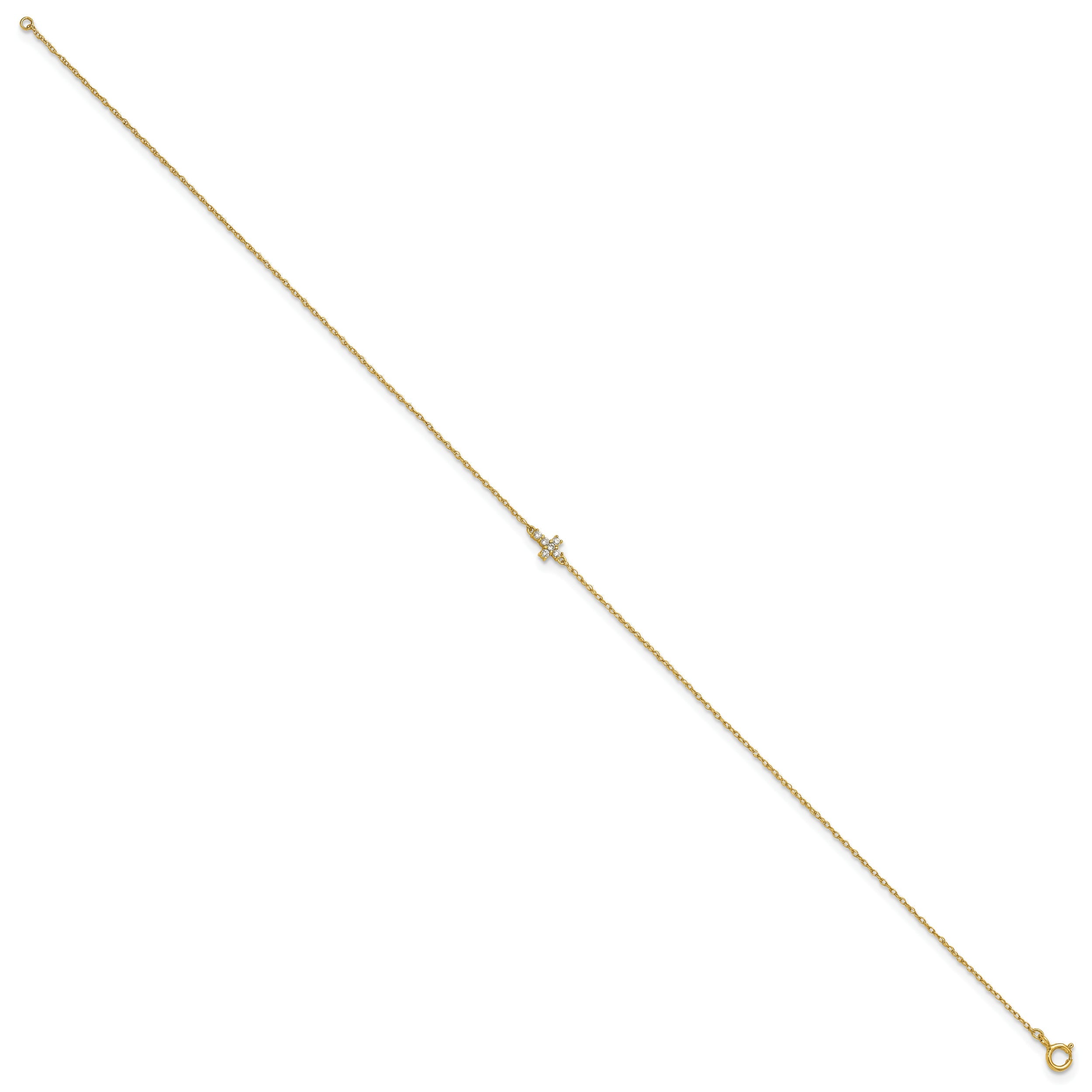 10K Yellow Gold Polished Cz Cross 10 Inch Anklet