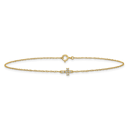 10K Yellow Gold Polished Cz Cross 10 Inch Anklet