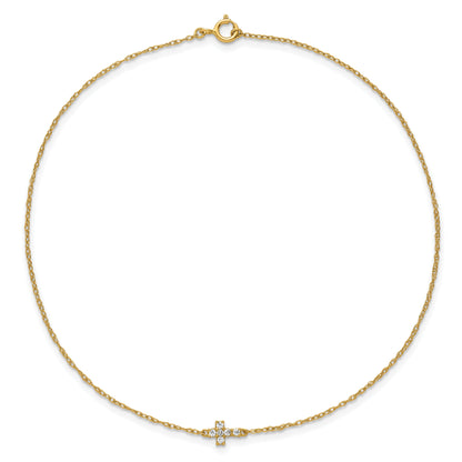 10K Yellow Gold Polished Cz Cross 10 Inch Anklet