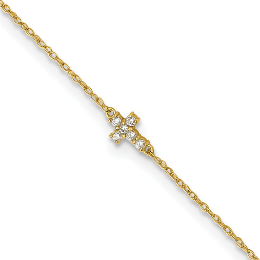 10K Yellow Gold Polished Cz Cross 10 Inch Anklet