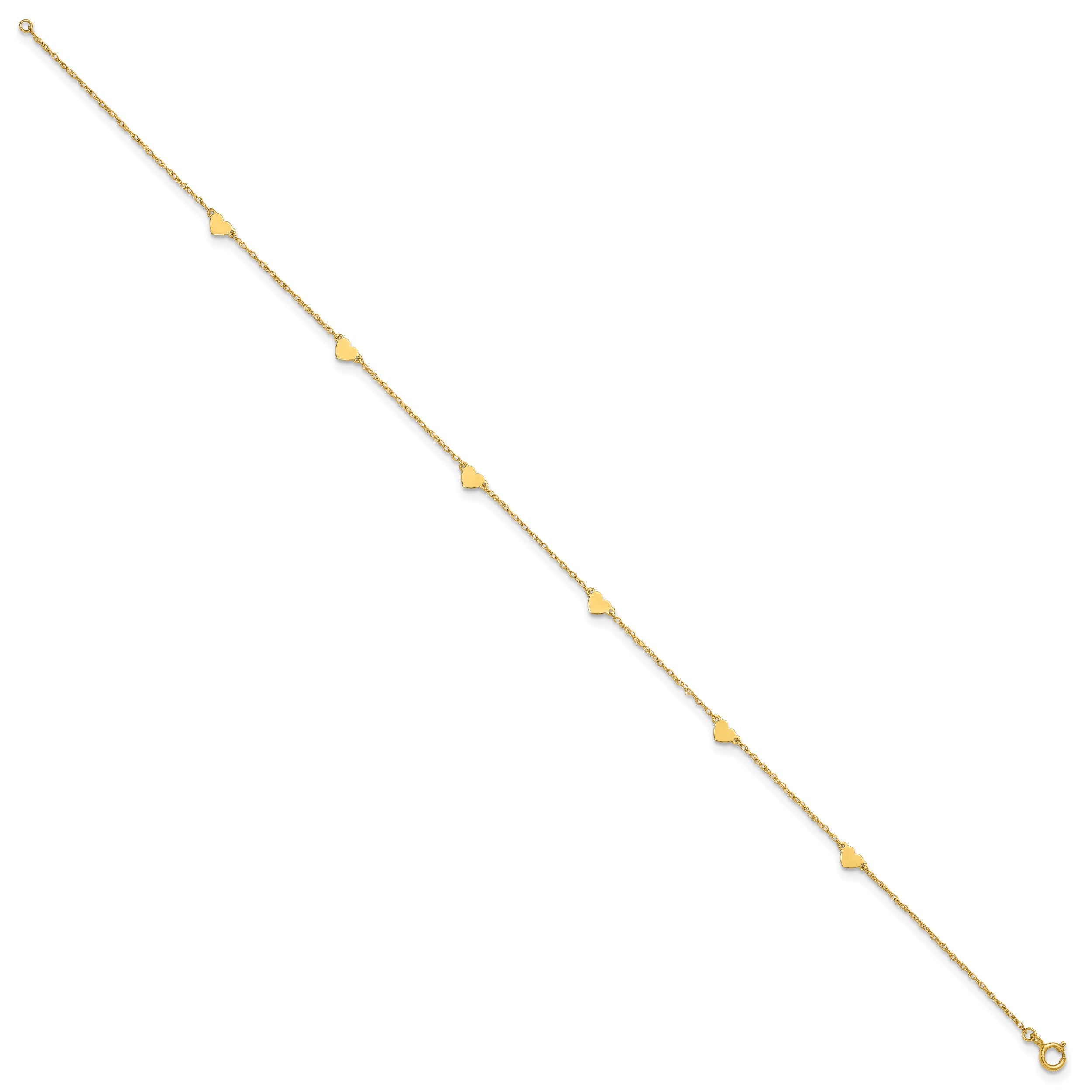 10K Yellow Gold Polished Heart 6-Station 10 Inch Anklet