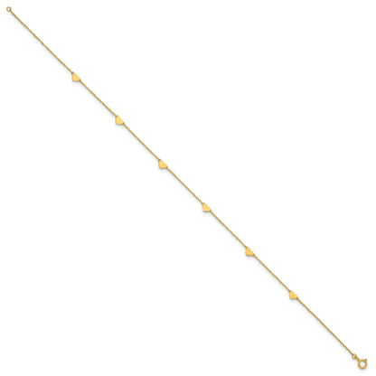 10K Yellow Gold Polished Heart 6-Station 10 Inch Anklet