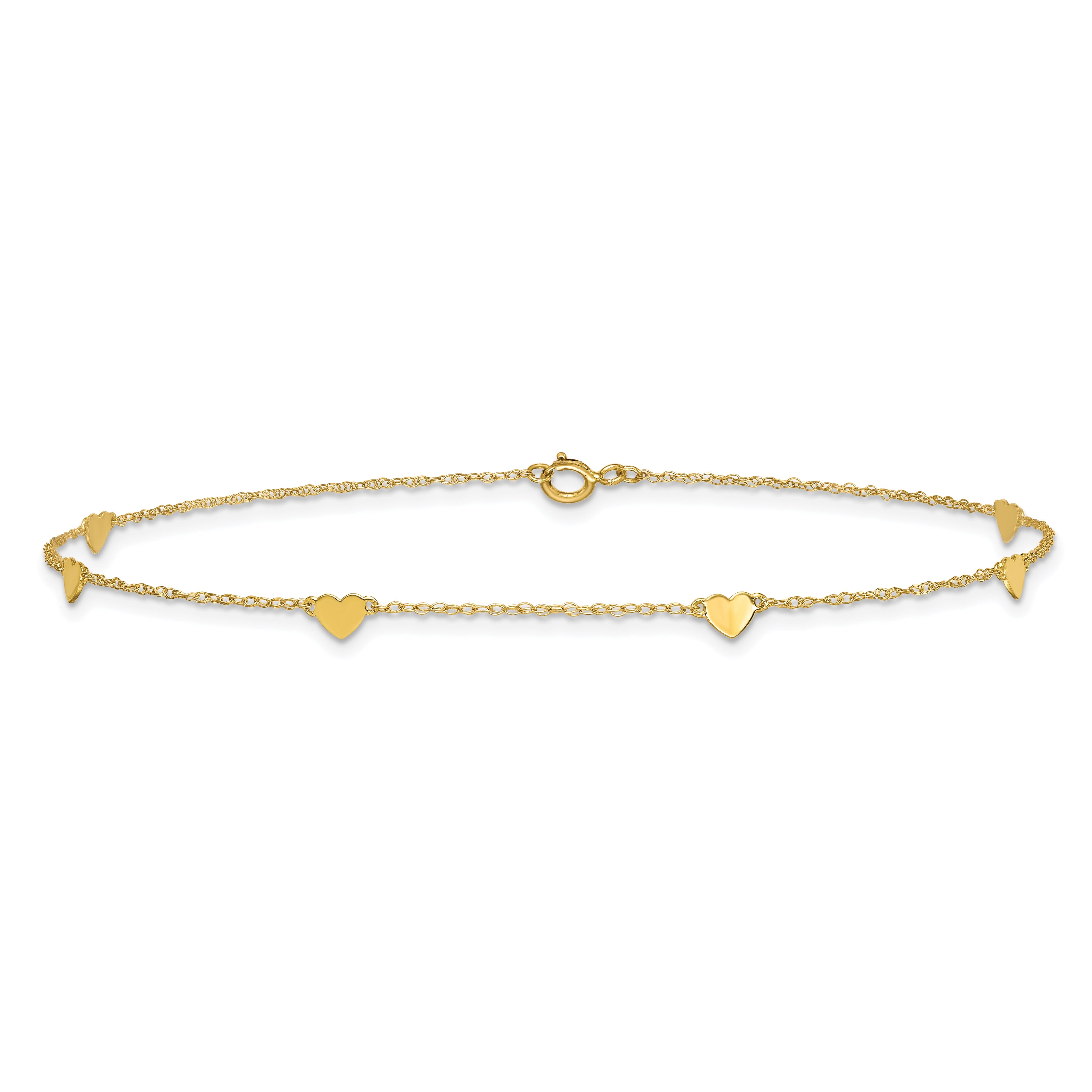 10K Yellow Gold Polished Heart 6-Station 10 Inch Anklet