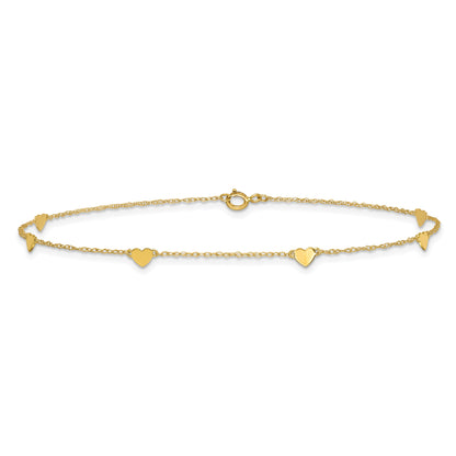 10K Yellow Gold Polished Heart 6-Station 10 Inch Anklet