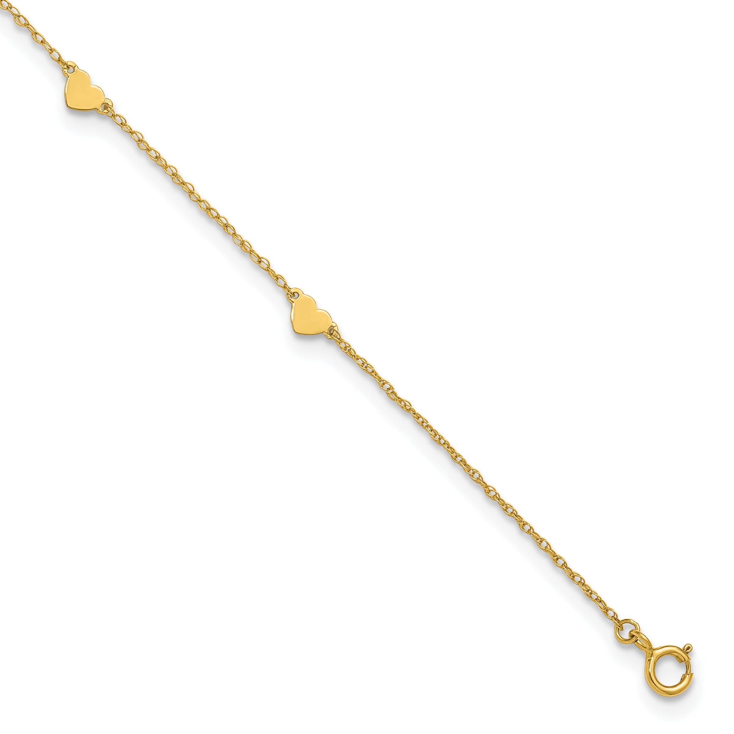 10K Yellow Gold Polished Heart 6-Station 10 Inch Anklet