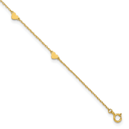 10K Yellow Gold Polished Heart 6-Station 10 Inch Anklet