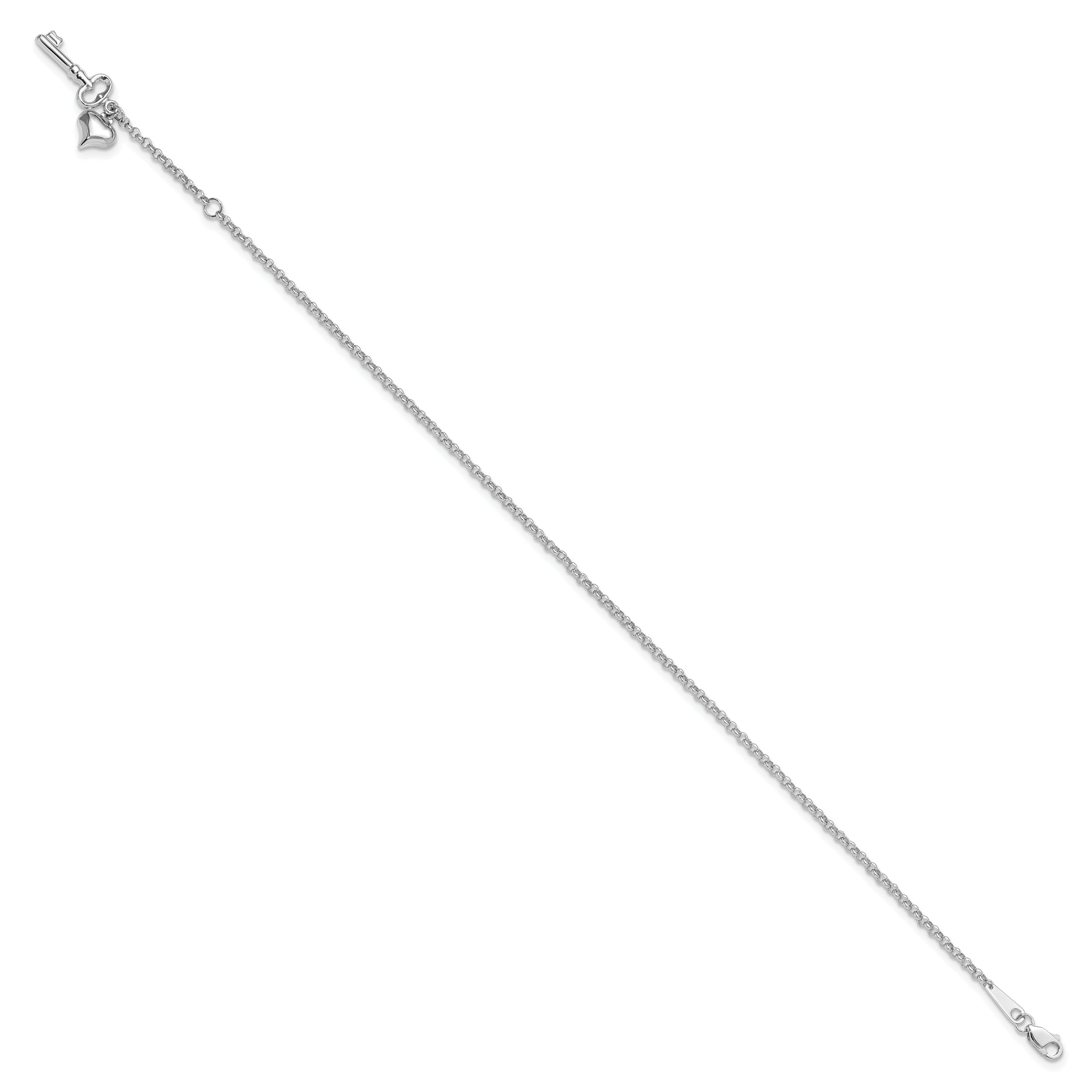 10K White Gold Adj Polished Puffed Heart Key 9In Plus 1In Ext. Anklet