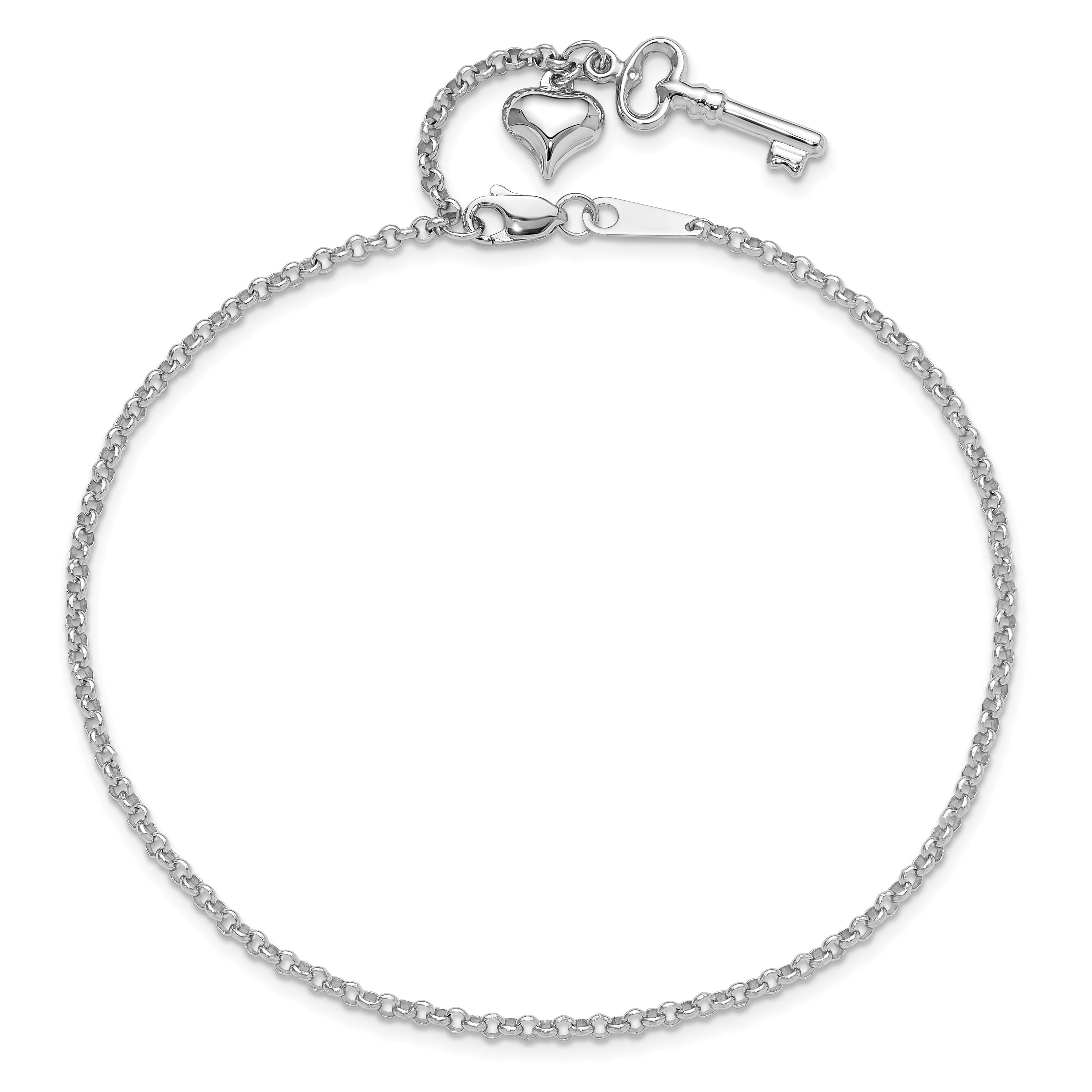 10K White Gold Adj Polished Puffed Heart Key 9In Plus 1In Ext. Anklet