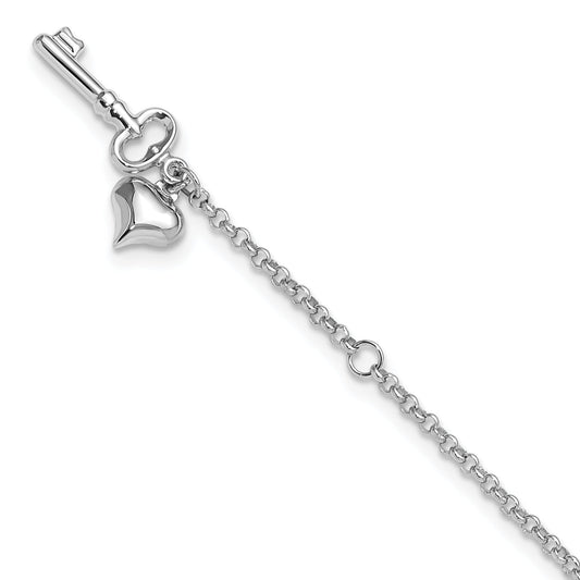 10K White Gold Adj Polished Puffed Heart Key 9In Plus 1In Ext. Anklet