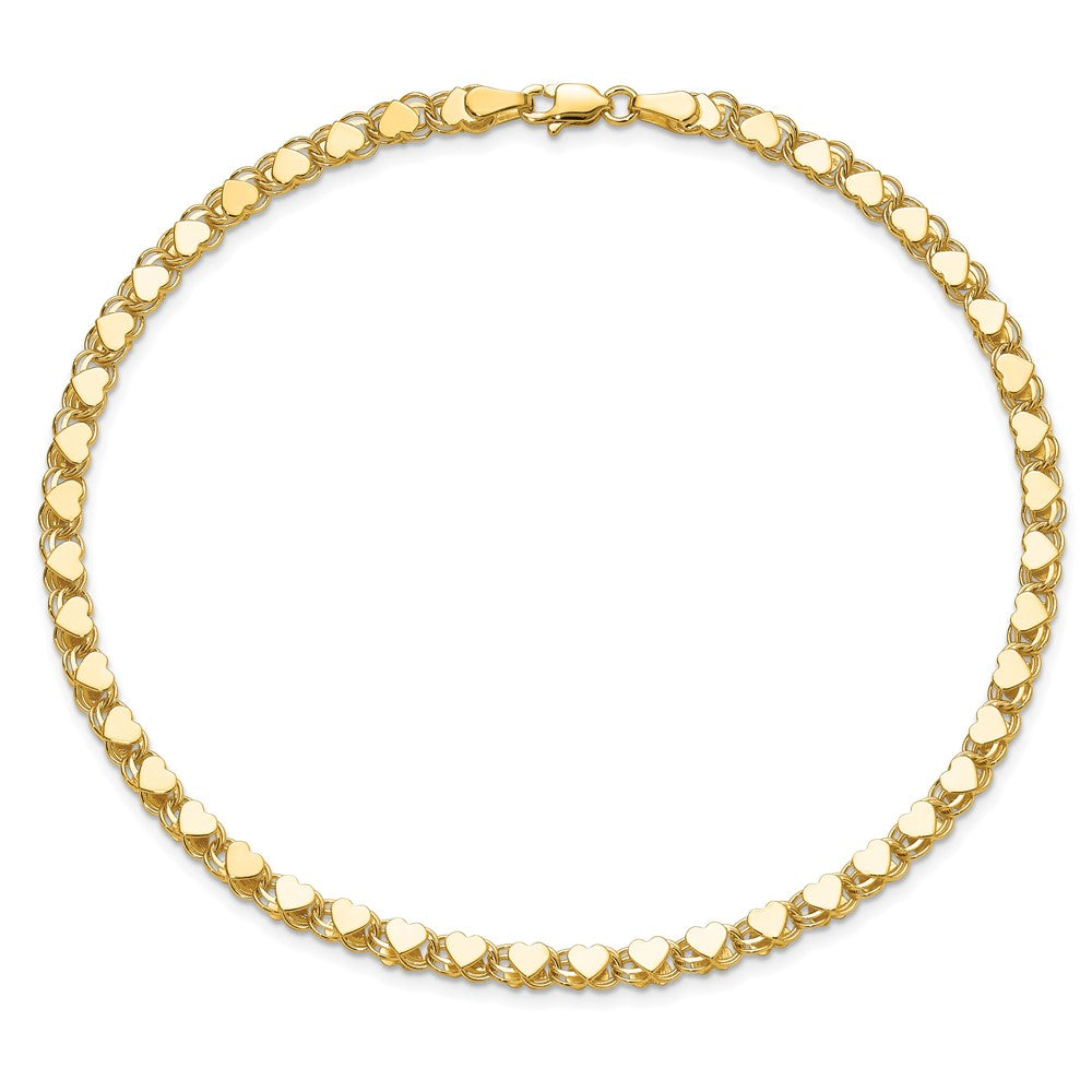 10K Yellow Gold Polished Double-Sided Heart 10In Anklet