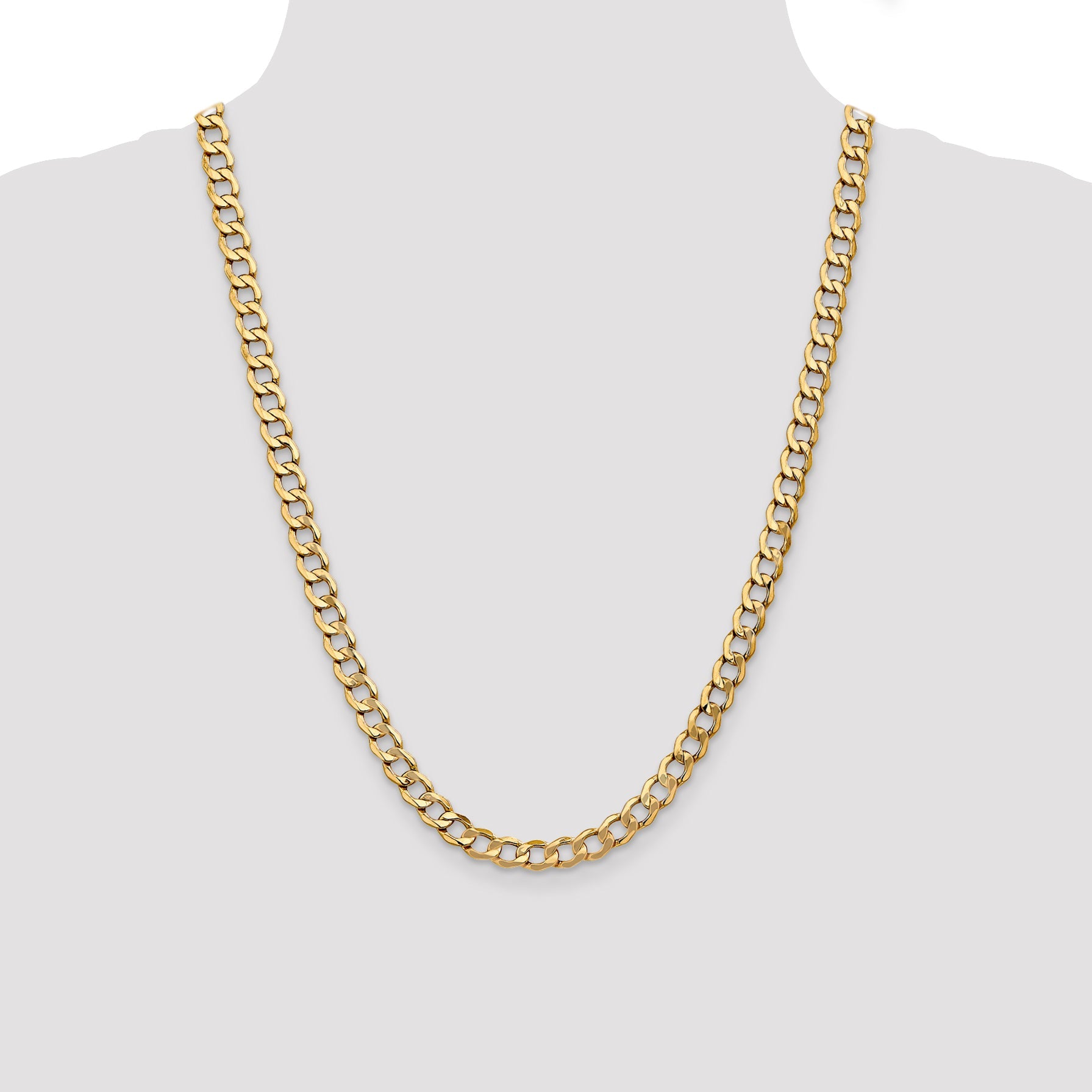 24 Inch 10k Yellow Gold 7mm Semi-Solid Curb Link Chain Necklace