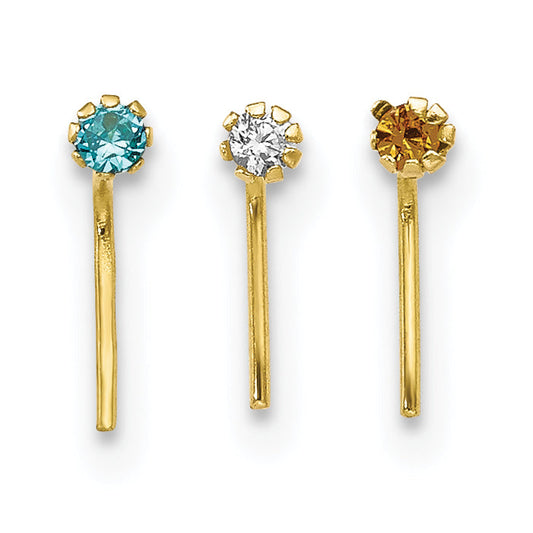 10k Yellow Gold 1.5mm Set Of 3 CZ Nose Studs