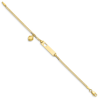 10k Yellow Gold Flat Curb Link ID Bracelet w/ dangling heart