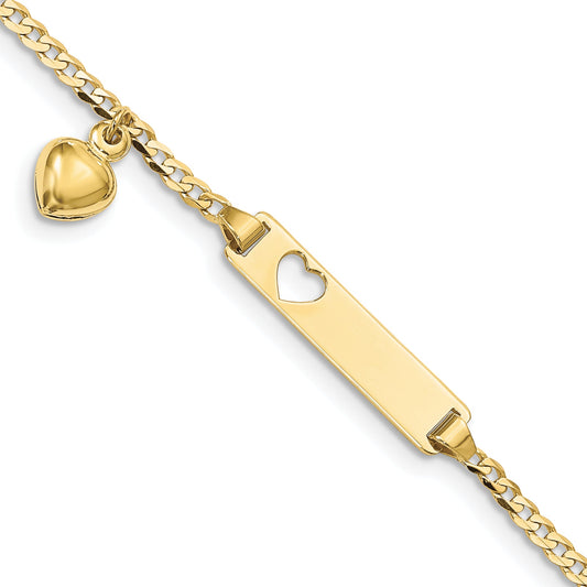 10k Yellow Gold Flat Curb Link ID Bracelet w/ dangling heart