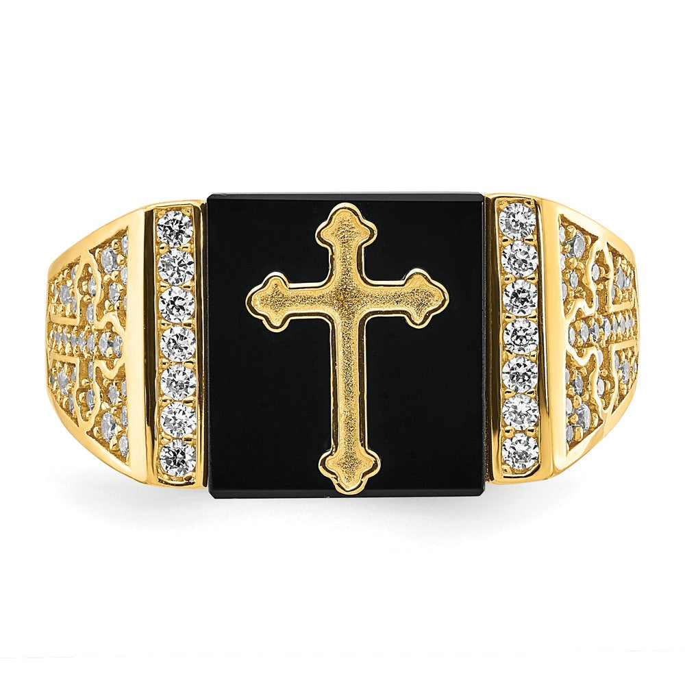 10K Yellow Gold CZ and Onyx Cross Men'S Ring