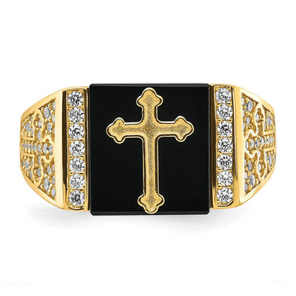 10K Yellow Gold CZ and Onyx Cross Men'S Ring