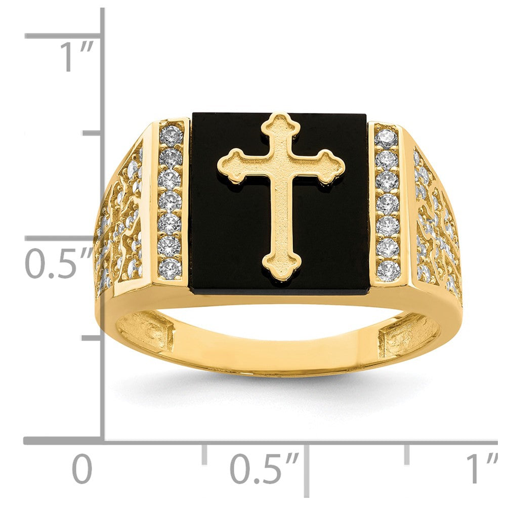 10K Yellow Gold CZ and Onyx Cross Men'S Ring