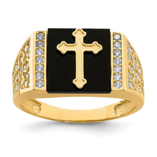 10K Yellow Gold CZ and Onyx Cross Men'S Ring