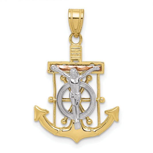 10K Tri Color Tri-Color Diamond-Cut W/Textured Mariner'S Cross Pendant