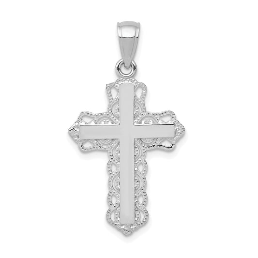 10K White Gold Lace Trim Cross Pendant