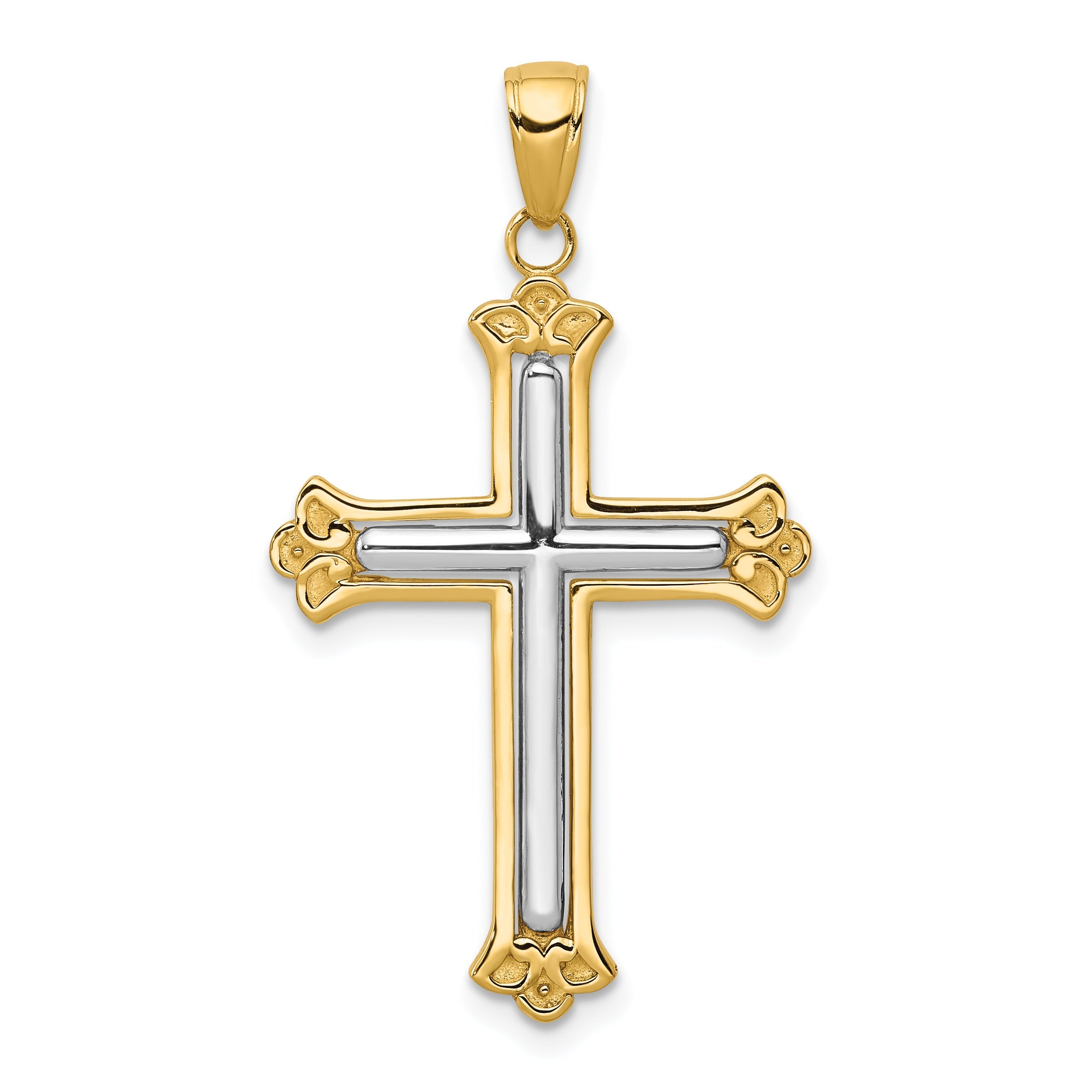 10K Two-Tone 10K Cross In Budded Yellow Frame Pendant
