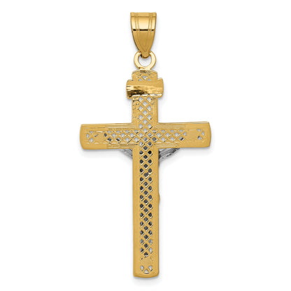 10K Two-Tone 10K D/C Large Block Lattice Cross W/Crucifix Pendant