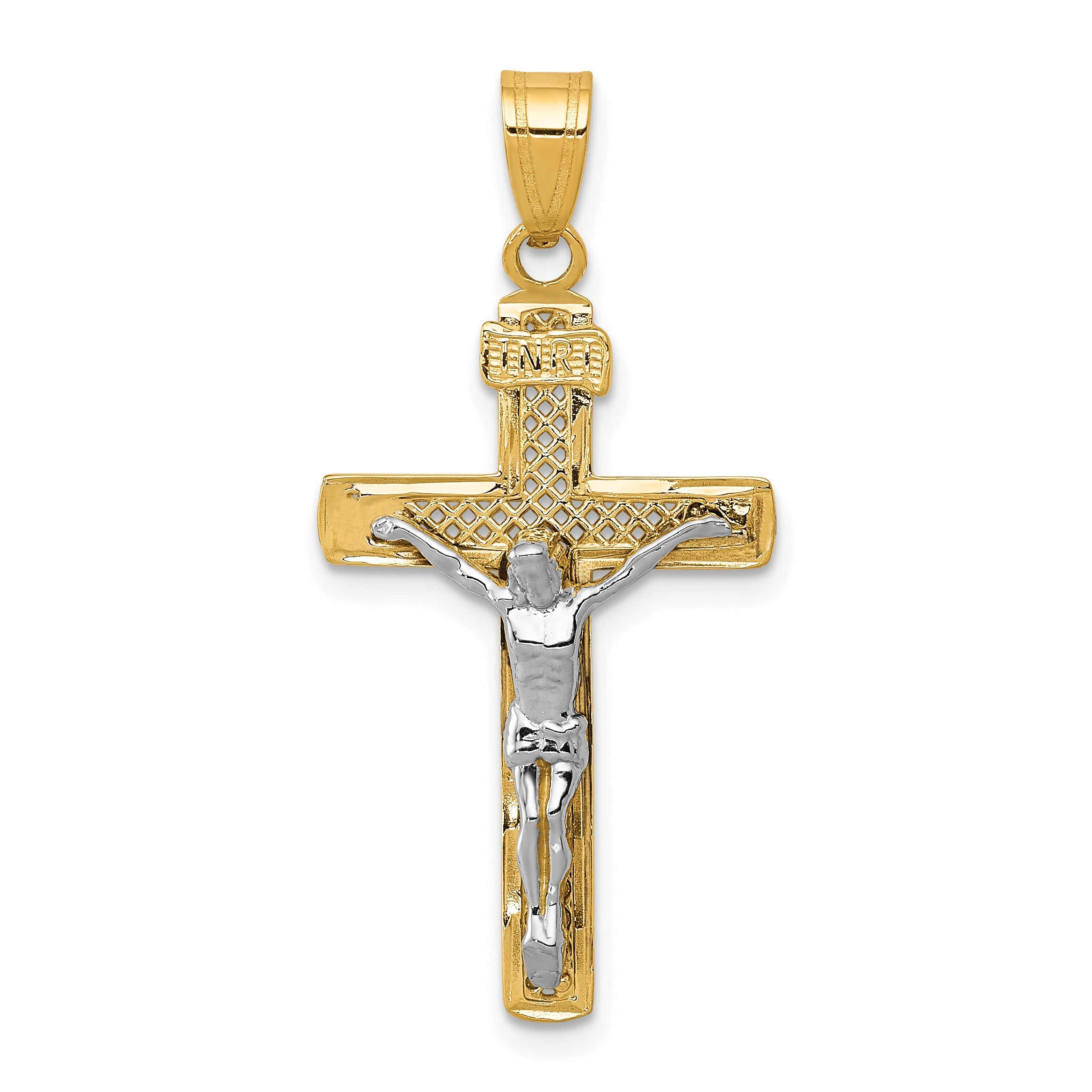 10K Two-Tone 10K D/C Medium Block Lattice Cross W/Crucifix Pendant