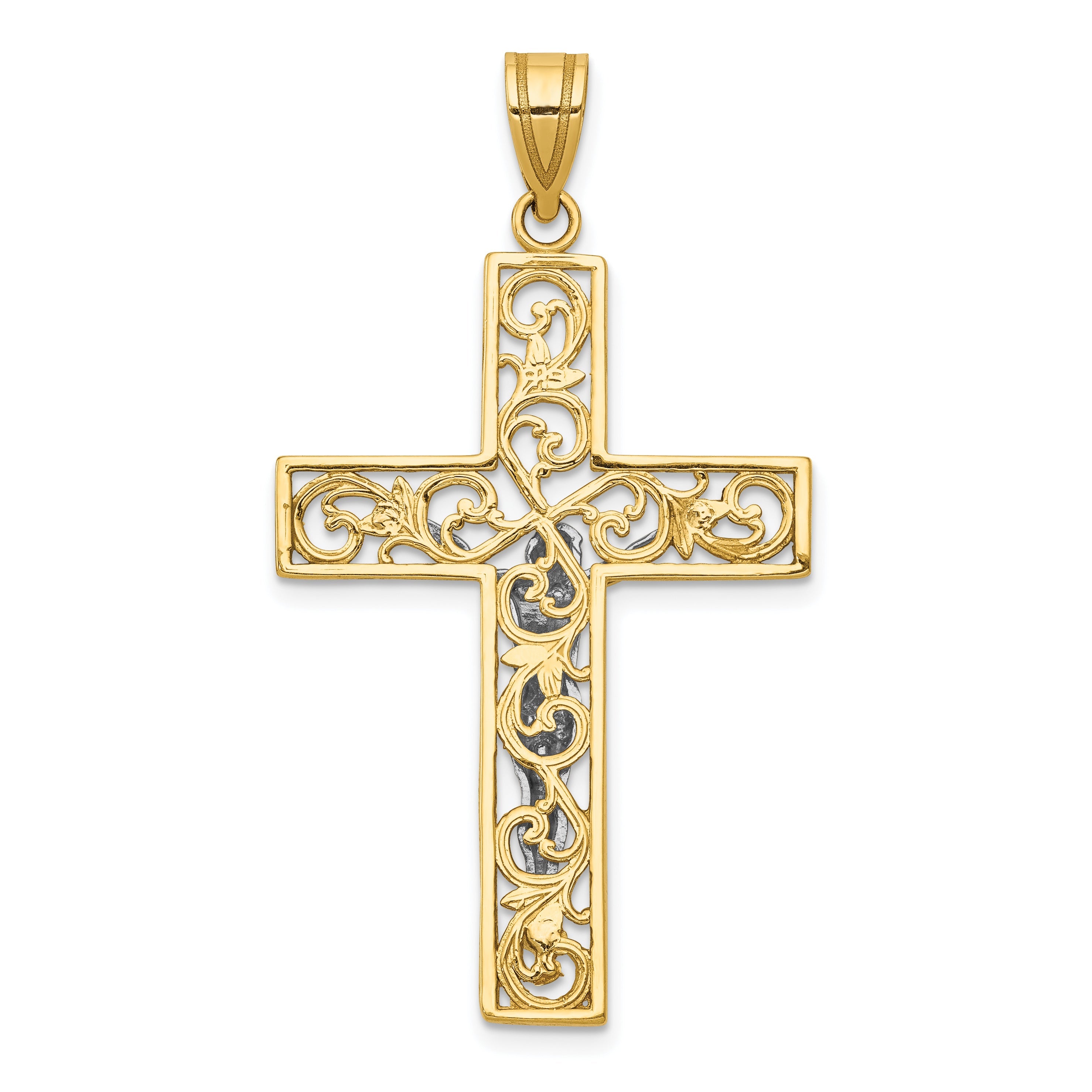 10K Two-Tone 10K D/C Large Block Filigree Cross W/Crucifix Pendant