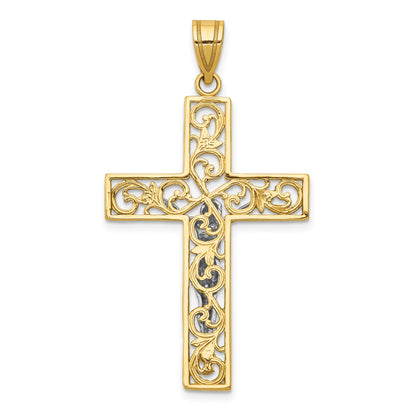 10K Two-Tone 10K D/C Large Block Filigree Cross W/Crucifix Pendant