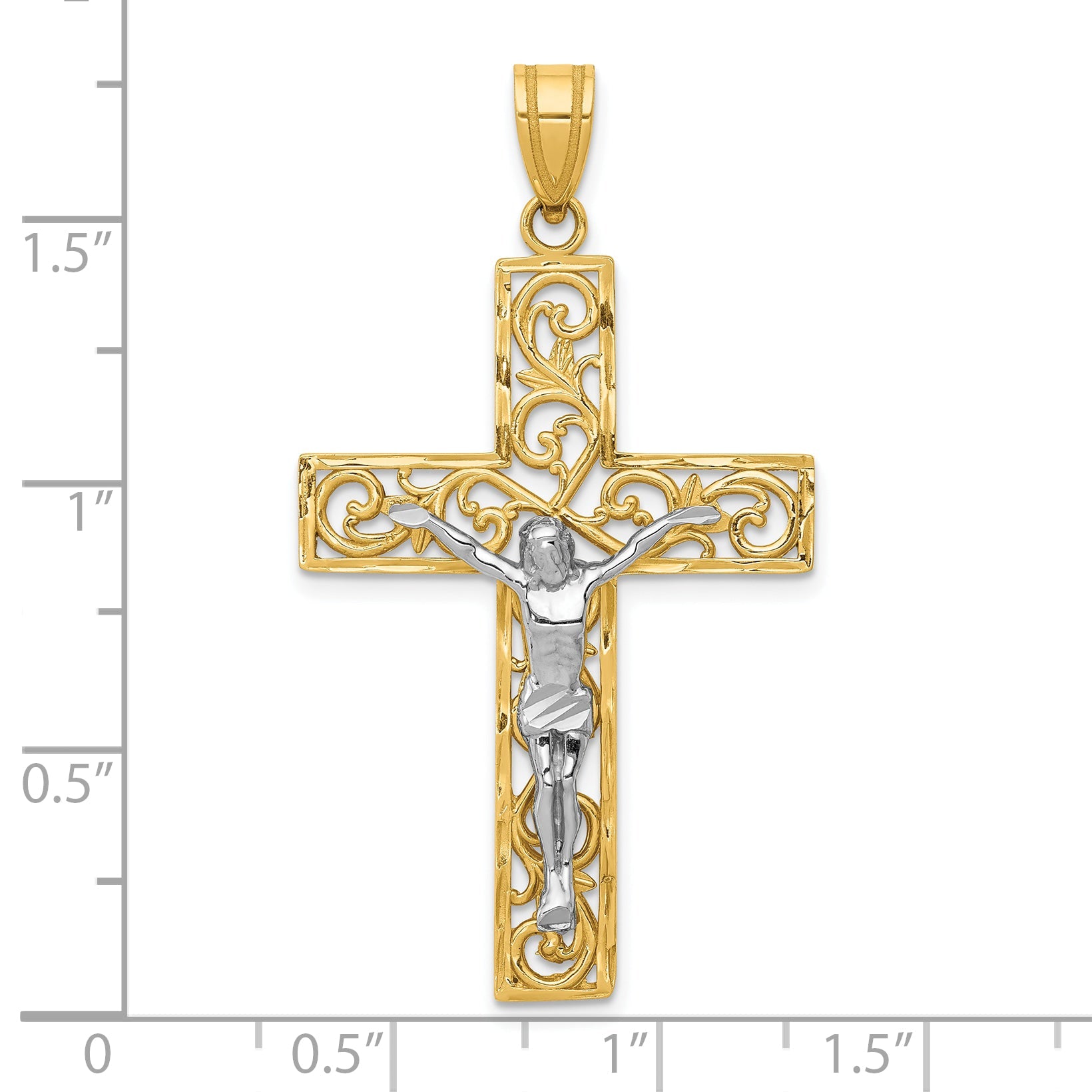 10K Two-Tone 10K D/C Large Block Filigree Cross W/Crucifix Pendant