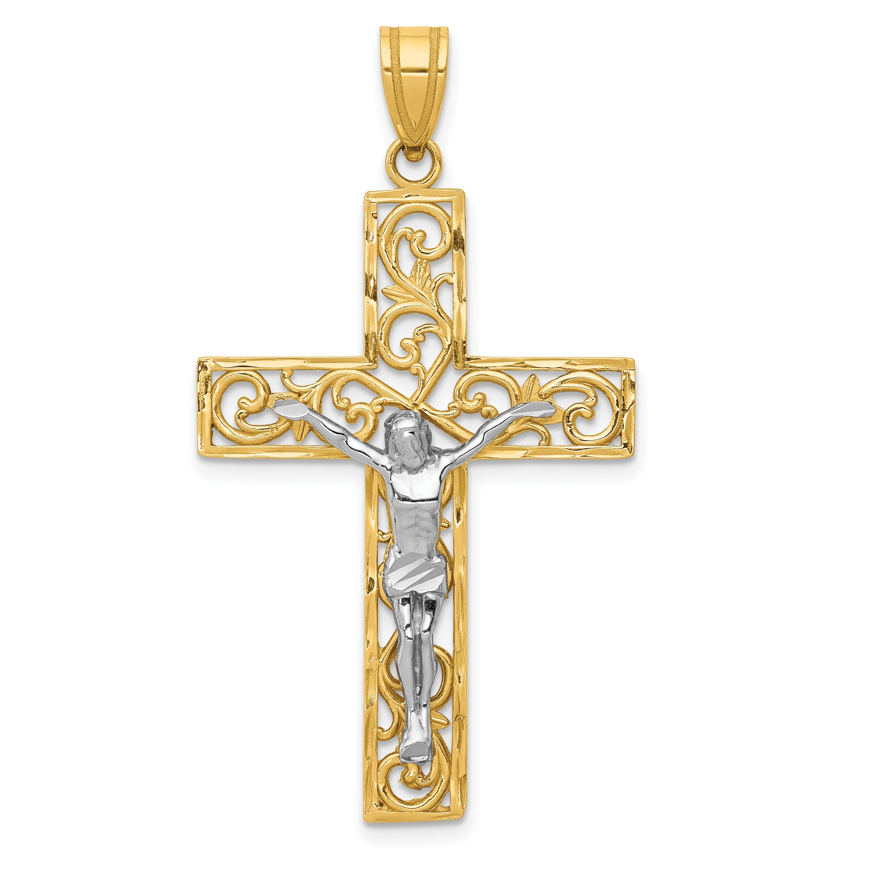 10K Two-Tone 10K D/C Large Block Filigree Cross W/Crucifix Pendant