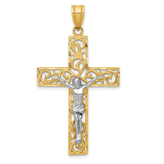 10K Two-Tone 10K D/C Large Block Filigree Cross W/Crucifix Pendant