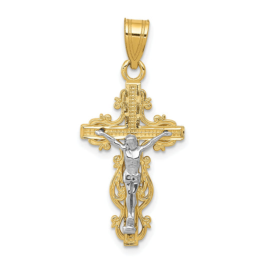 10K Two-Tone 10K Small Narrow Cross W/Crucifix Pendant